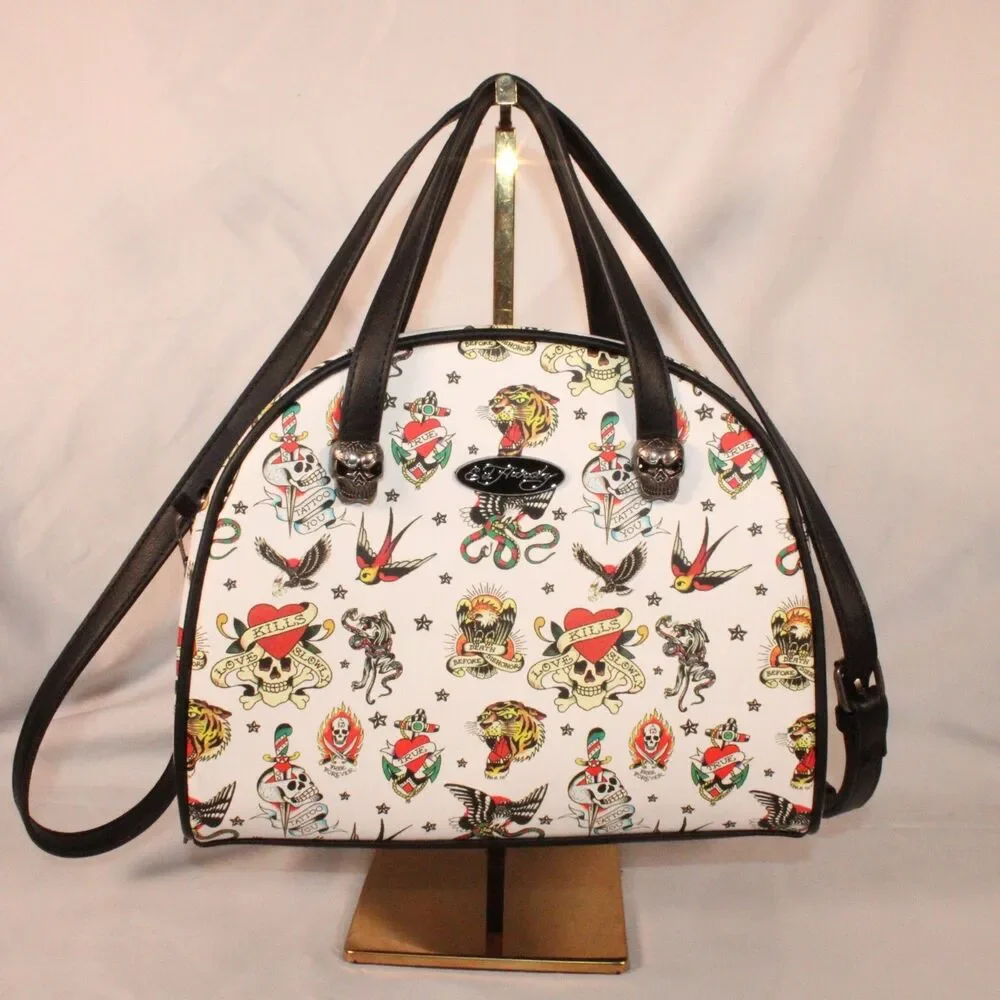 NWT Ed Hardy Insulated Lunch Tote Bag Satchel White Tattoo Flash Crossbody New